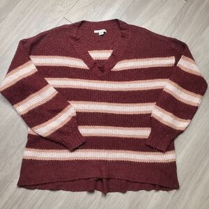 American Eagle Outfitters Striped V-Neck Sweater - Maroon and Beige Womans XS